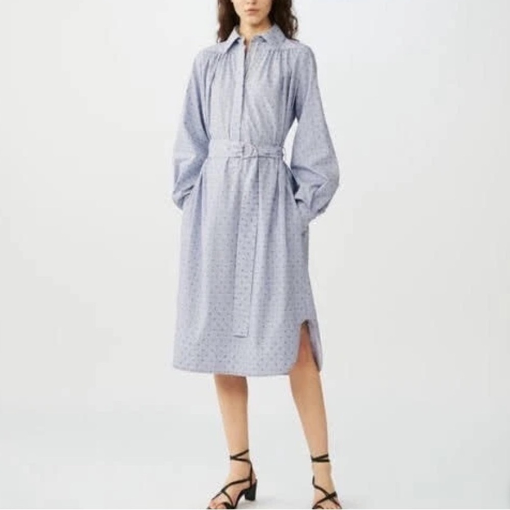Maje Relino Shirt Dress Womens 2 Blue White Striped Poplin Belted Cotton Zip